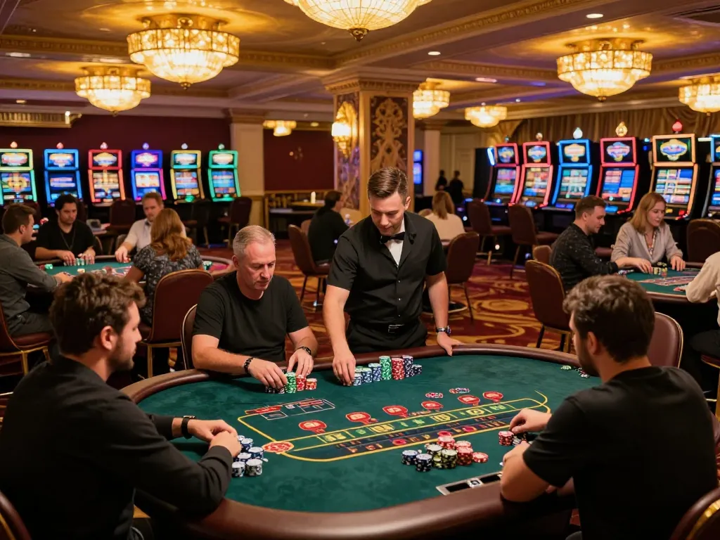 NoHu casino gaming table scene with players actively gambling, warm ambient lighting creating an inviting atmosphere