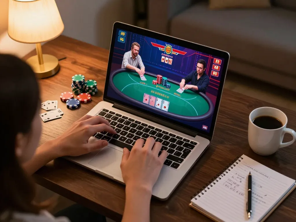 Player engaging in online poker at RR88, surrounded by strategic notes and home comfort.