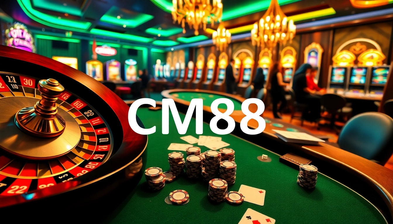 Experience the thrill of CM88 at an exclusive casino, featuring vibrant roulette and busy poker tables.