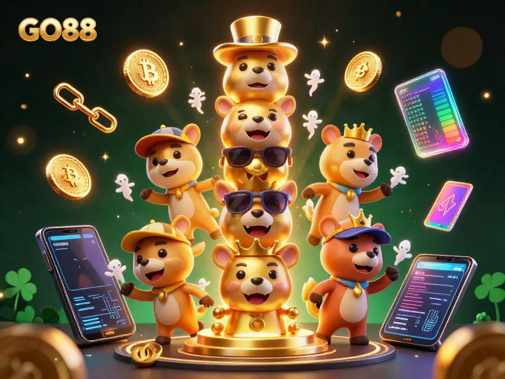 Engage in the GO88 casino experience with a vibrant 3D casino scene featuring crypto elements.