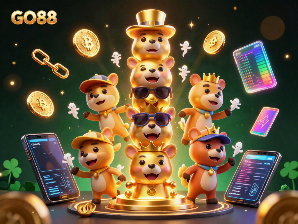 Engage in the GO88 casino experience with a vibrant 3D casino scene featuring crypto elements.