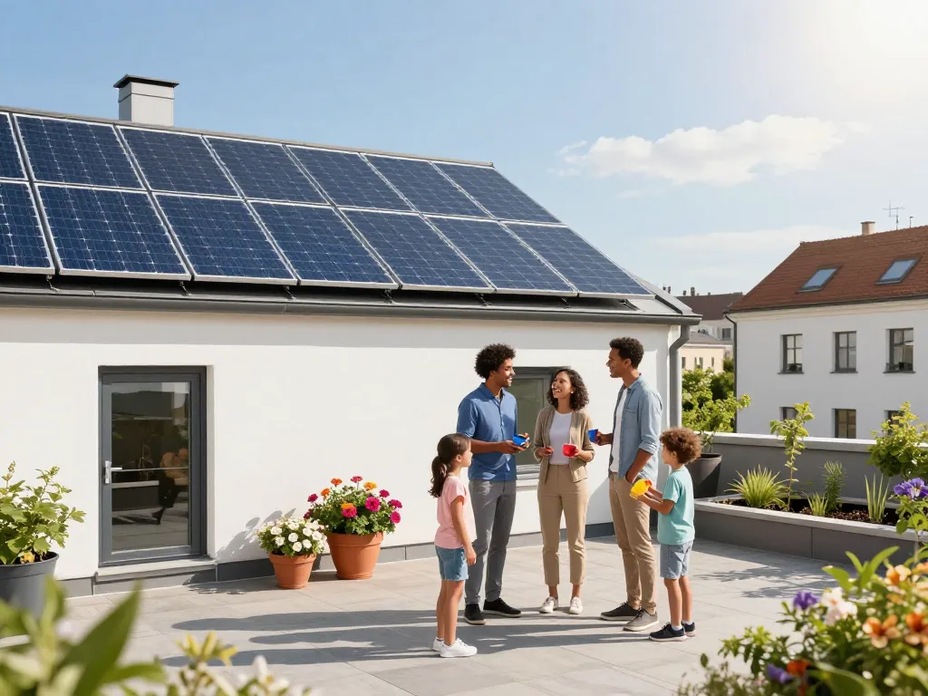 Installation von Solarpanelen in Wien auf einem modernen Dach mit einer Familie, die über die Vorteile der Energie diskutiert.