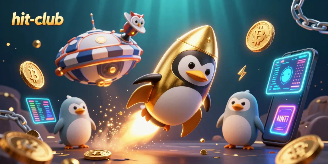 Join the excitement at hit-club, where a golden penguin navigates vibrant casino games in space!