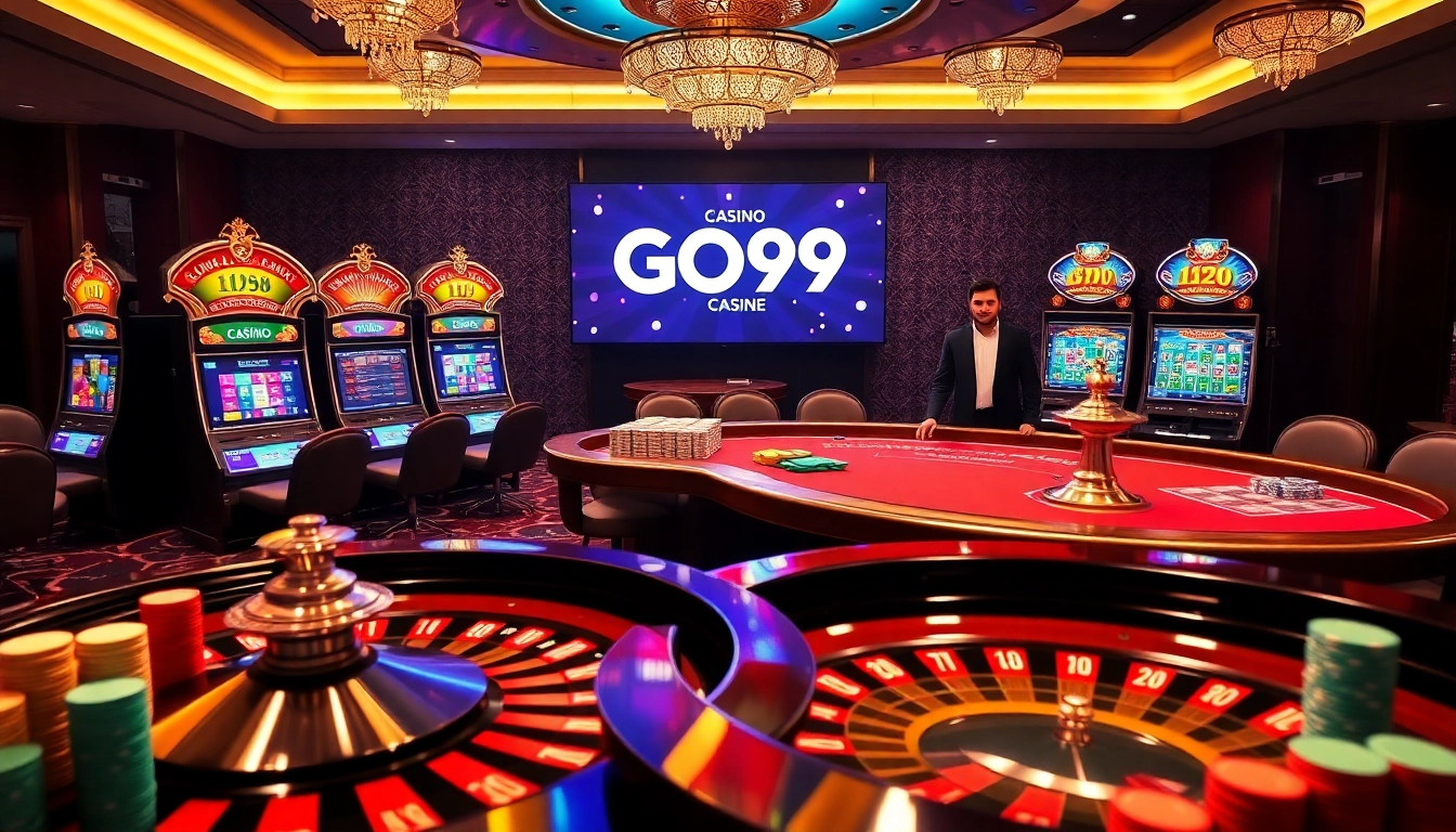 GO99 gaming excitement illustrated with slot machines and poker tables in a luxury casino.