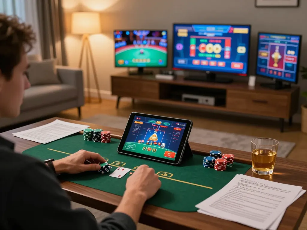 Engaging online poker gameplay on sin88 tablet with strategic notes and cozy home atmosphere.