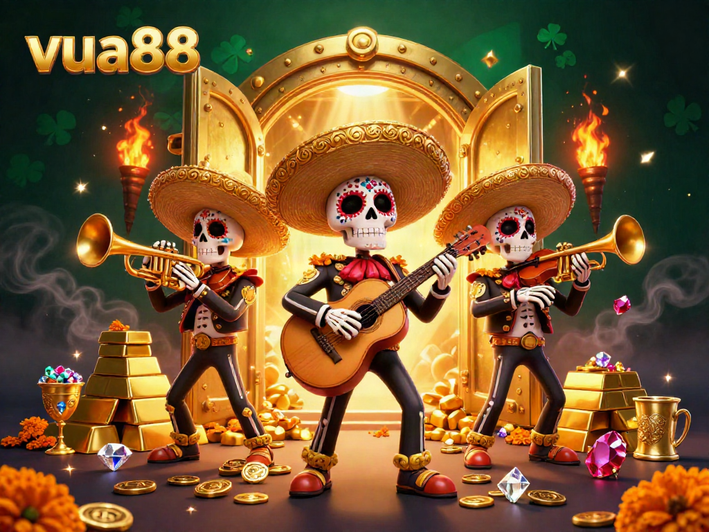 Experience thrilling jackpots at vua88 with vibrant casino imagery showcasing colorful skeleton mariachi musicians.