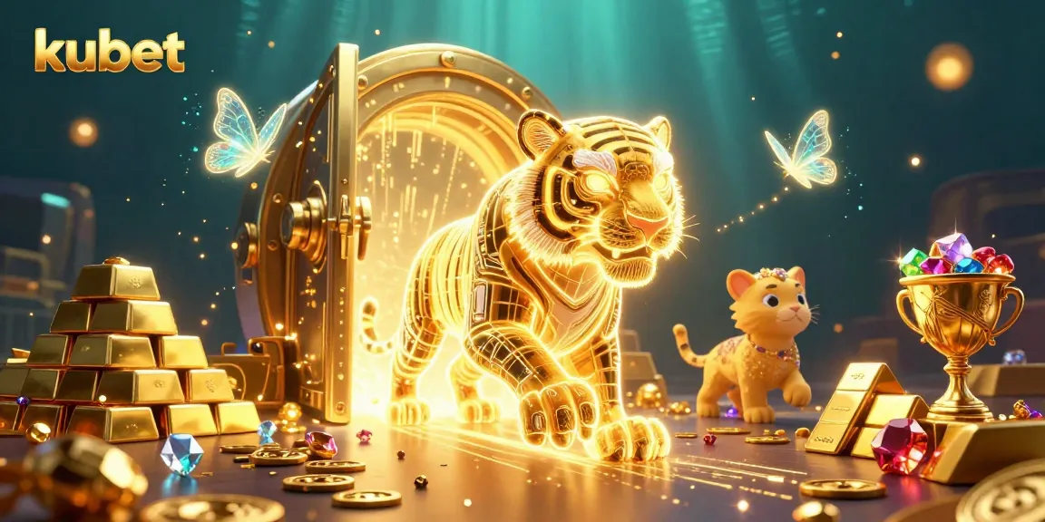 Experience the thrill of kubet casino with a dynamic 3D illustration featuring a glowing tiger in a treasure-filled digital landscape.