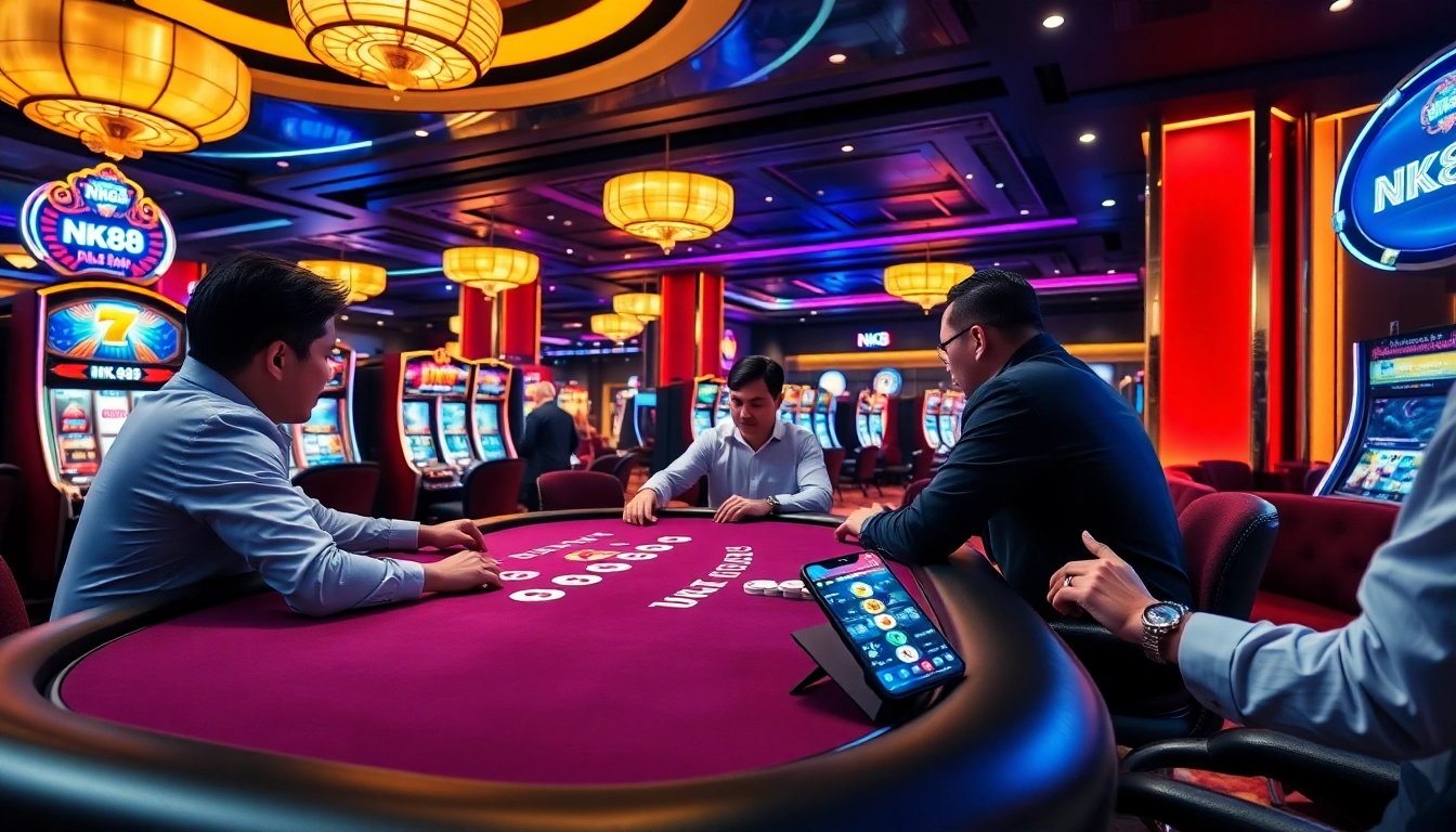 Players enjoying a thrilling poker game at NK88 casino with a luxurious atmosphere.