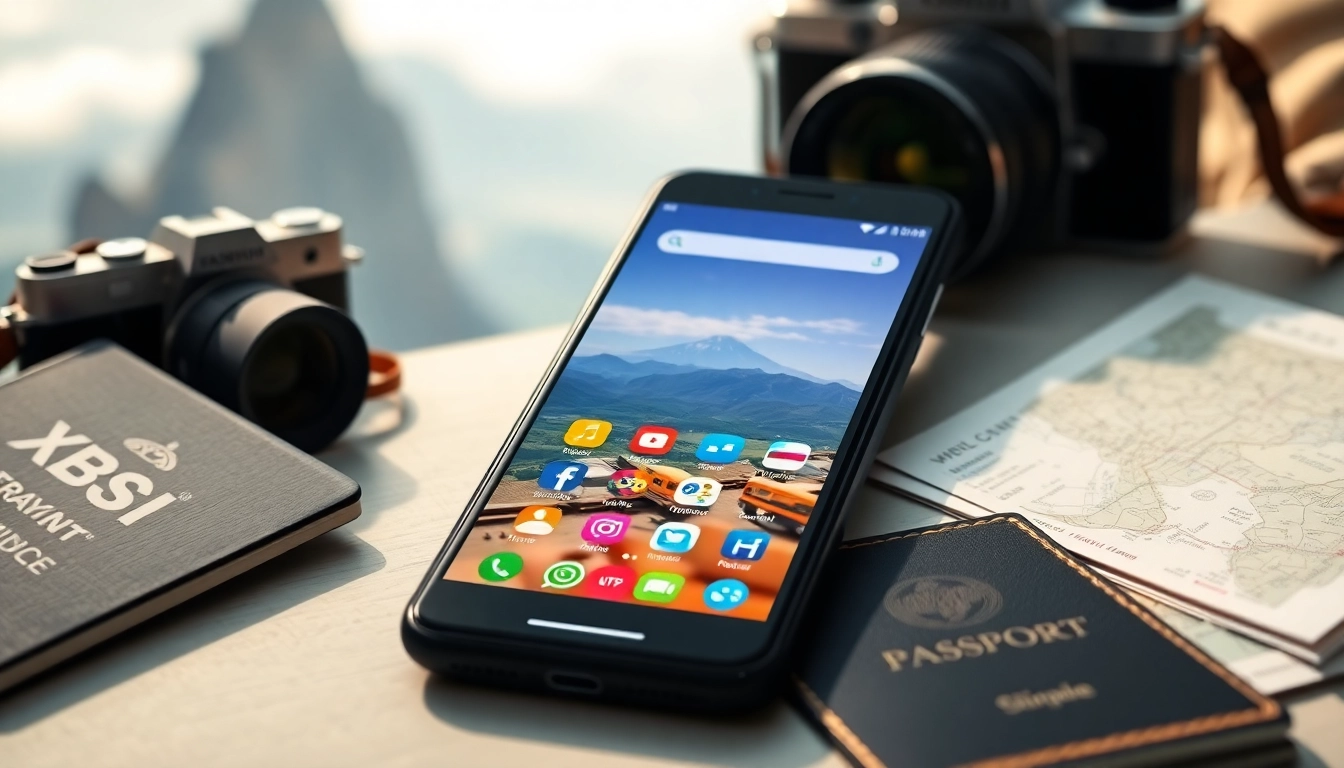 Entdecke die besten apps für reisen 2026 auf einem Handy inmitten von Reiseutensilien.