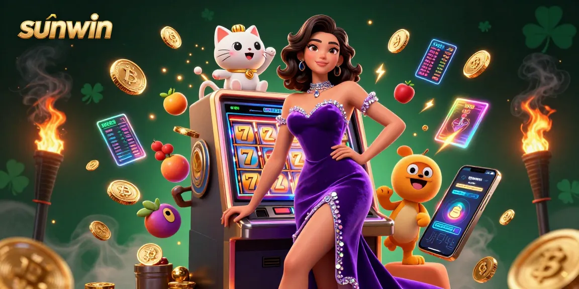 Experience winning moments with the sunwin jackpot slot machine and fortune cat mascot amidst vibrant casino elements.