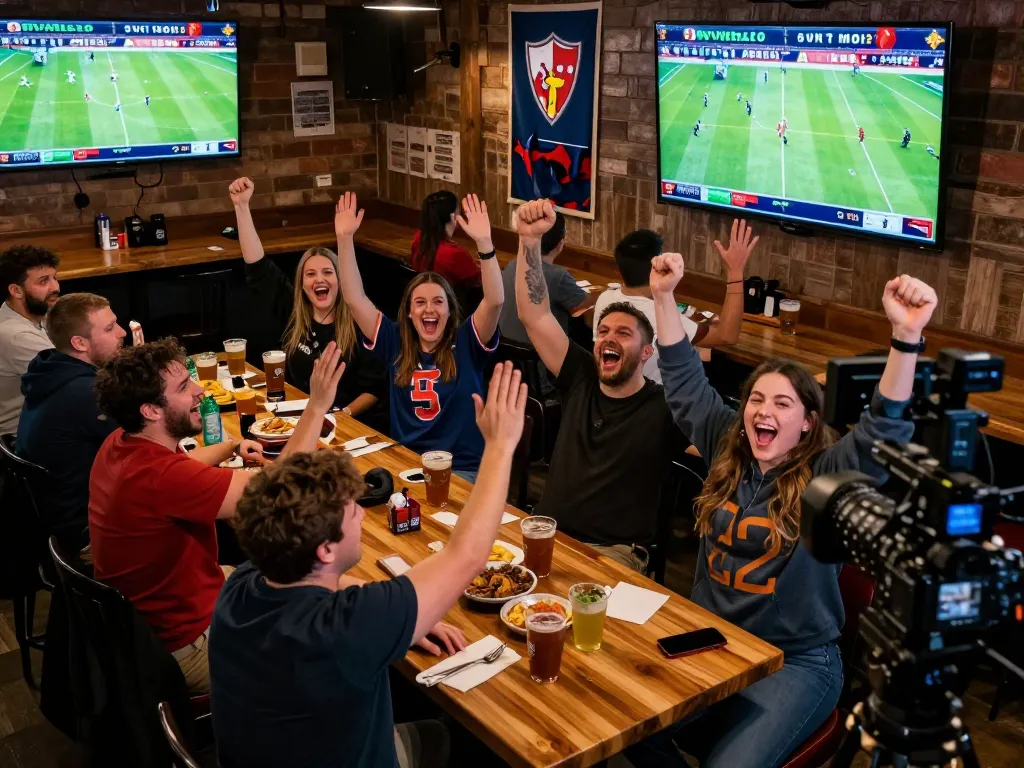 Excited sports bettors celebrating a winning VT88 wager in a vibrant sports bar