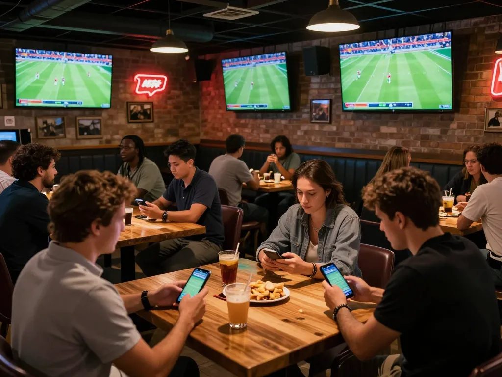 View showcasing tỷ số trực tuyến 7m as guests engage in live sports betting at a social event.
