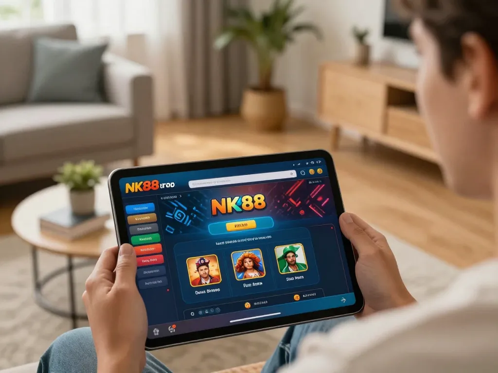 Person exploring the trang chủ NK88 showcasing dynamic online gambling features in a cozy setting.