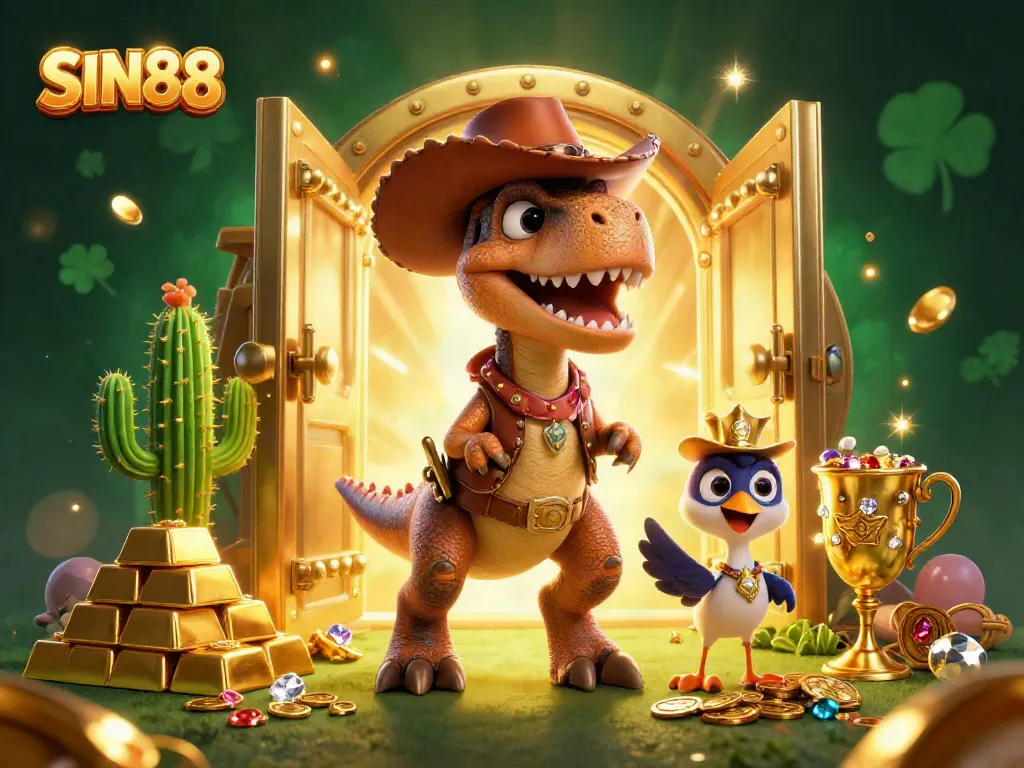 SIN88 showcases lively gaming elements with a T-Rex cowboy, cactus character, and roadrunner in a vibrant casino scene.