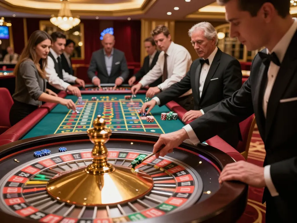 99win players placing bets at a roulette table in a luxury casino filled with excitement.
