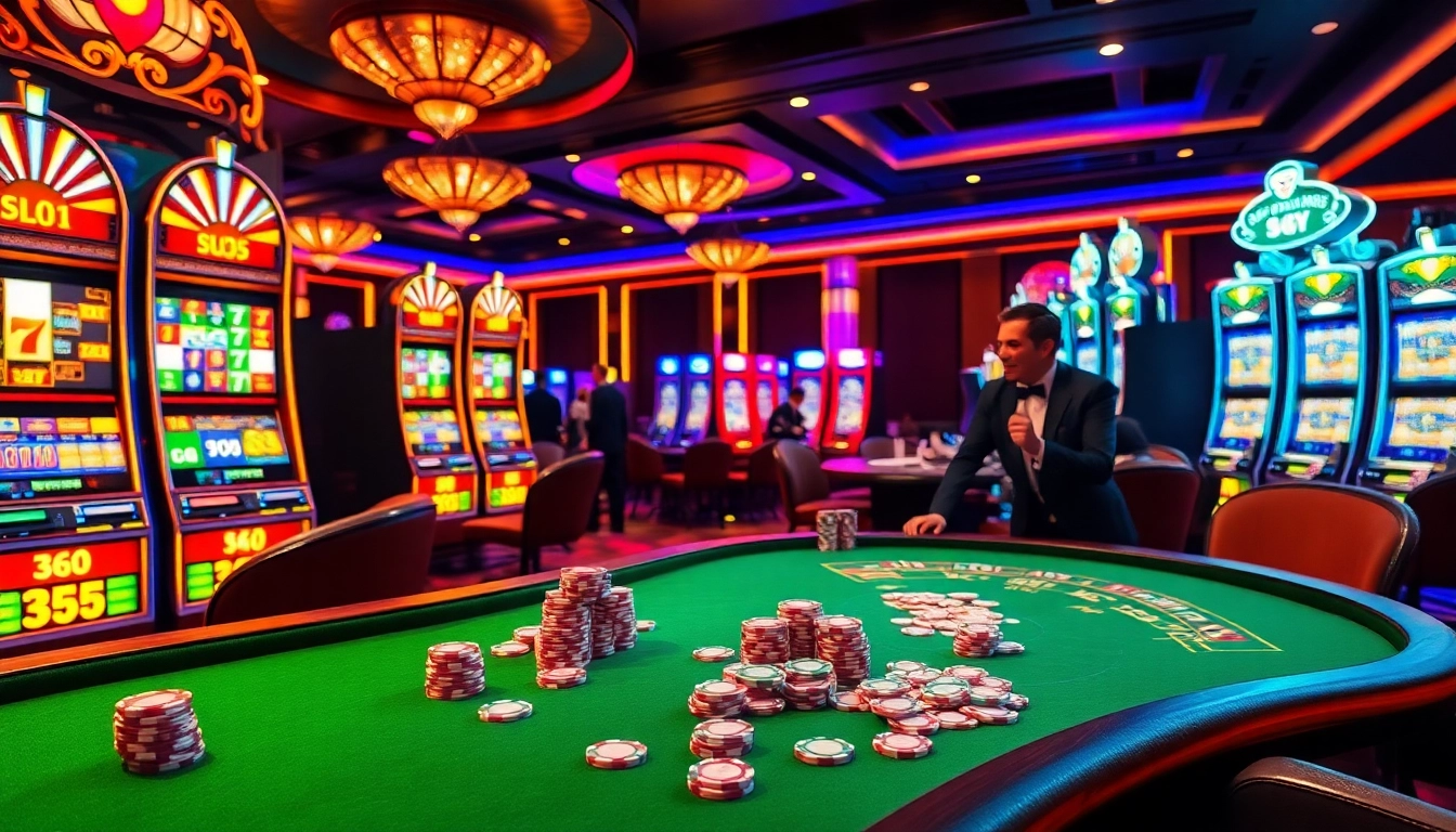 Engaging players at slot365 surrounded by vibrant slot machines and poker chips in a luxurious casino setting.