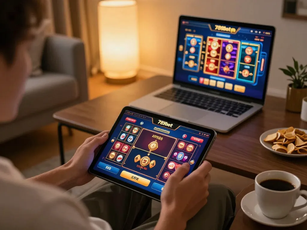 Player engaging in 789bet online casino gaming, analyzing betting strategies on tablet