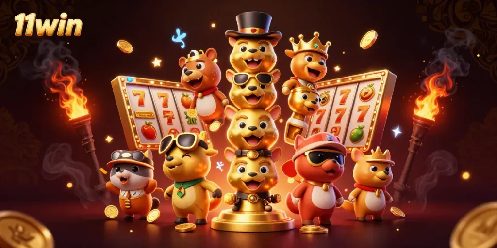 Experience the excitement of playing at 11win, surrounded by vibrant casino-themed elements.