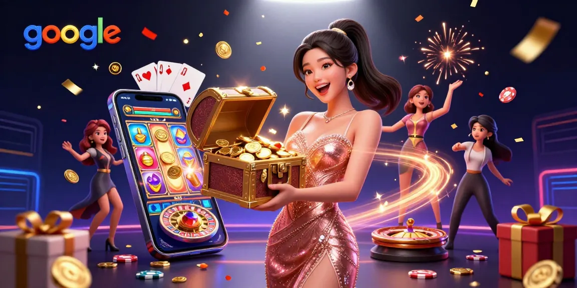 Erleben Sie aufregende Gewinne bei Google mit einem asiatischen Casino-Dealer, der Schätze und Spiele präsentiert.