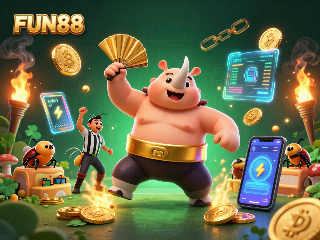 FUN88 brings excitement with a thrilling 3D scene featuring casino champions and crypto coins.