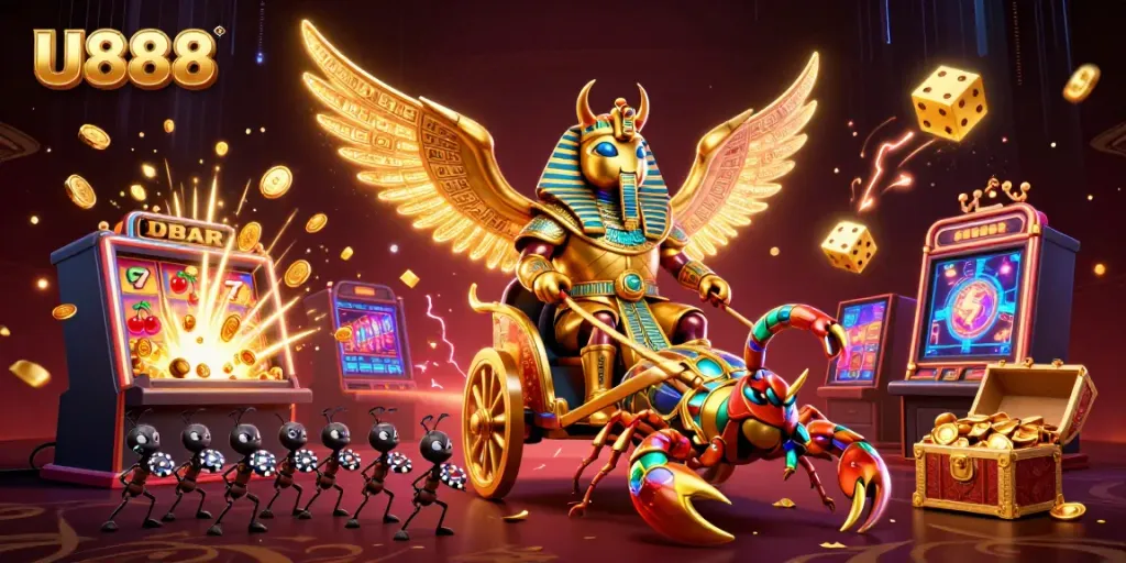 Experience U888's thrilling jackpot action with glowing 3D beetle and scorpion chariots.