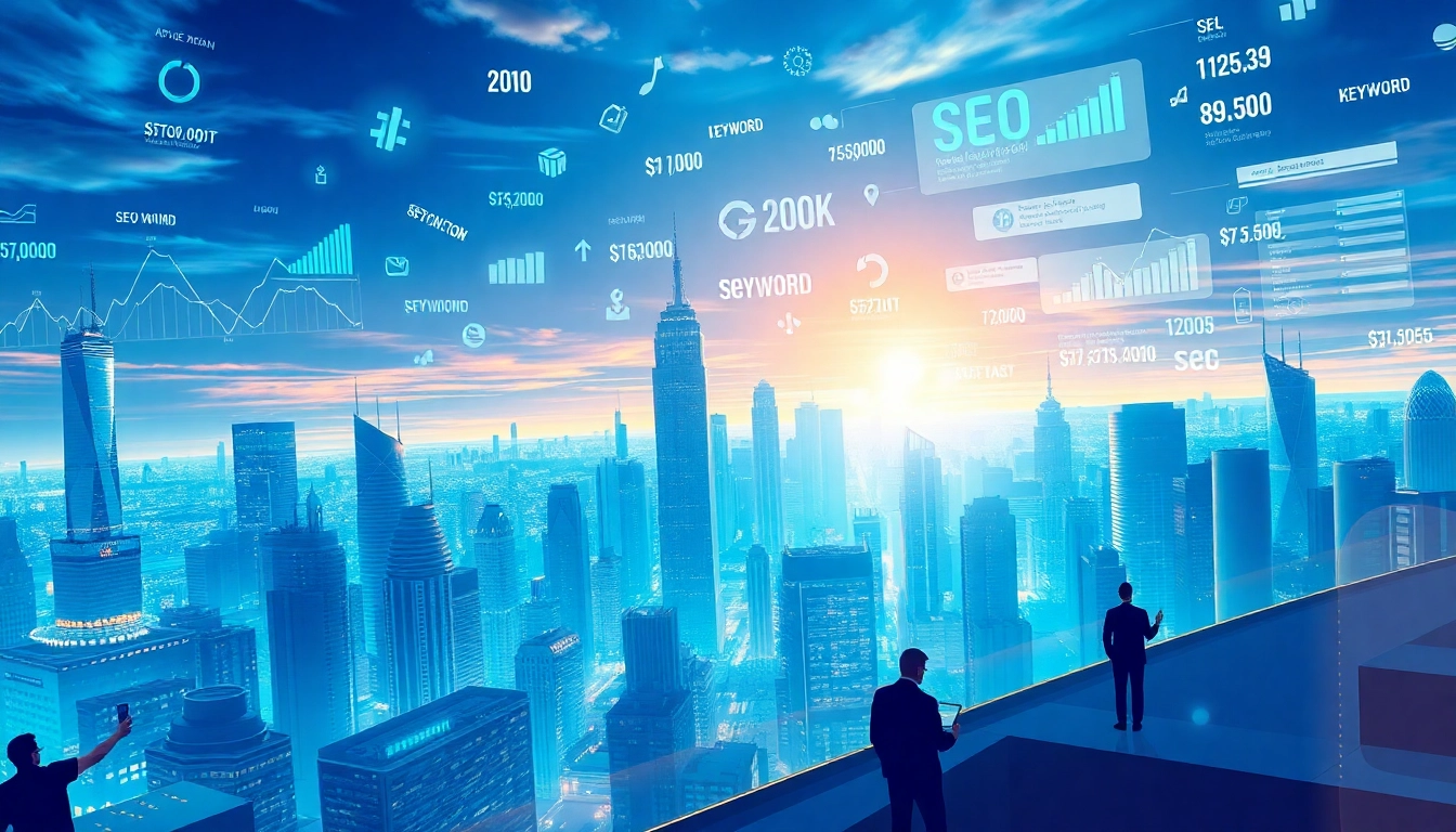 Visualize the dynamic world of SEO-Ranking with a futuristic city skyline showcasing digital marketing elements.