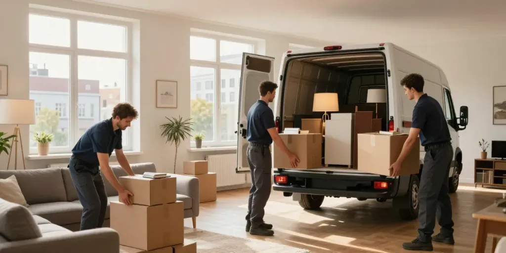 Professionelles Team bei der Wohnungsauflösung Berlin Steglitz mit Umzugskartons und Möbeln.
