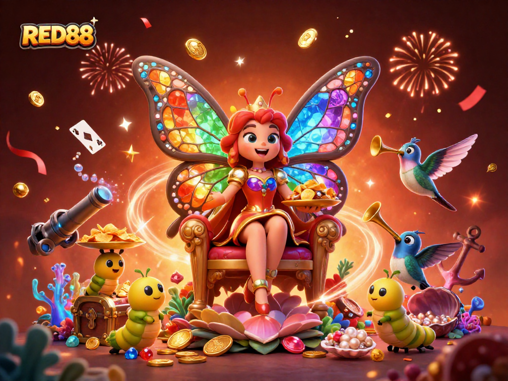 Experience the excitement of RED88 with a vibrant casino-themed 3D illustration featuring a butterfly queen and treasure elements.