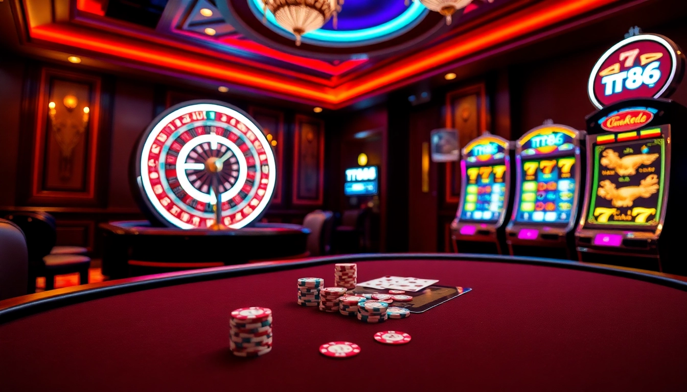 Experience the thrill of TT88 with a vibrant casino scene featuring roulette, poker, and slots.