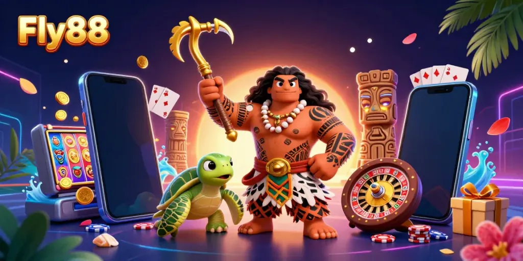 Fly88 casino scene with a Polynesian demigod and turtle amidst vibrant gaming elements.