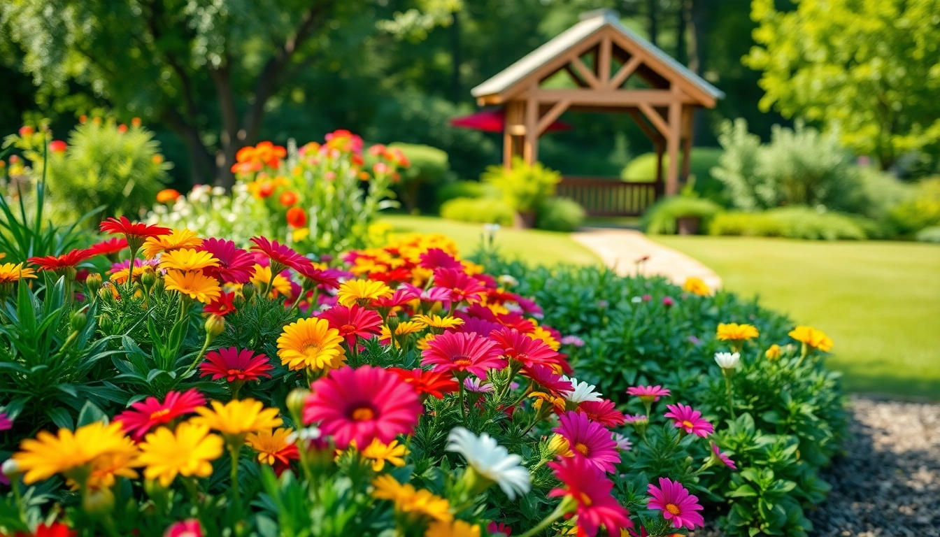 Gartenbau mit bunten Blumen und einem idyllischen Gartenszenario, das einladend wirkt.