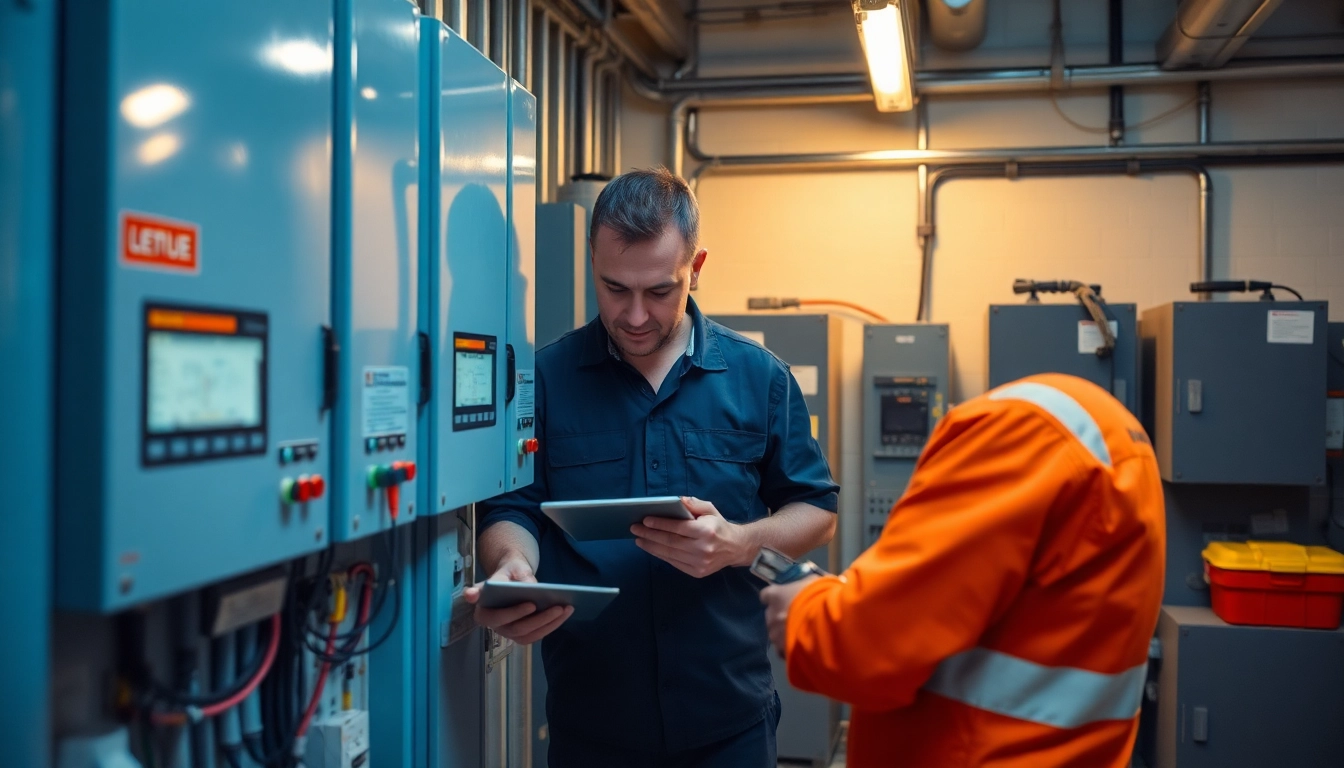 Technician performing a DGUV V3 Prüfung on electrical devices, ensuring workplace safety and compliance.