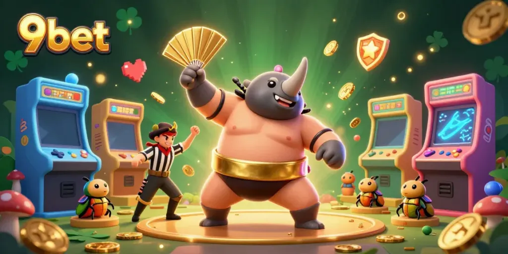 Experience the thrill of 9bet with a dynamic illustration of a sumo champion beetle surrounded by arcade elements.