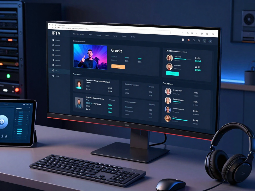 An IPTV reseller managing subscriptions and analytics through a cloud-based interface, showcasing cutting-edge technology analytics software.