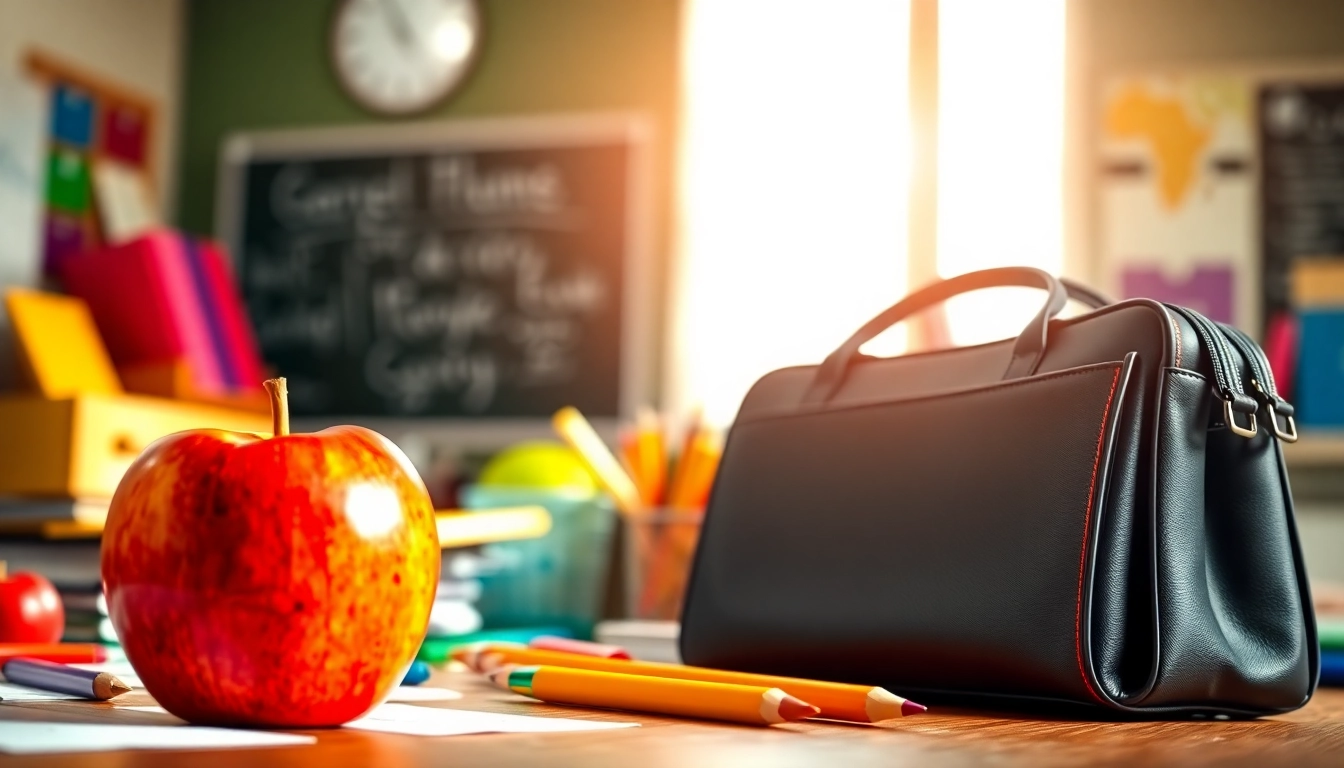 Handytasche Lehrer auf einem Schreibtisch mit Schulmaterialien und einem bunten Apfel.