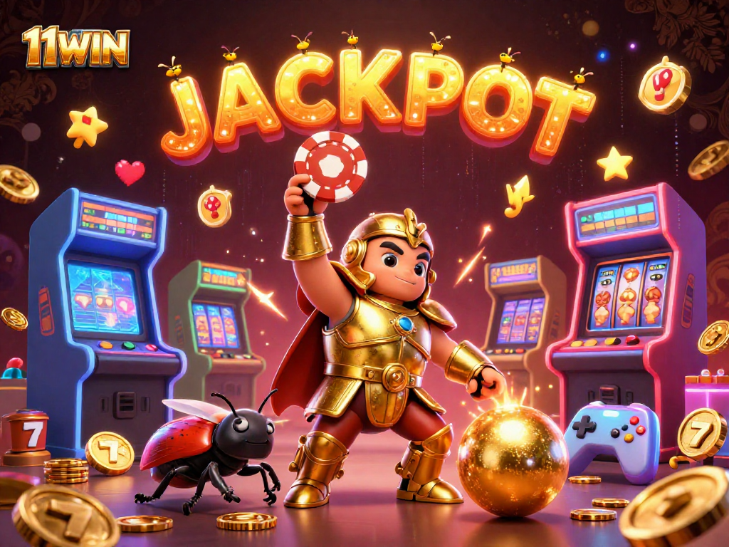 11WIN jackpot celebration with a heroic beetle lifting a poker chip in a lively casino scene.