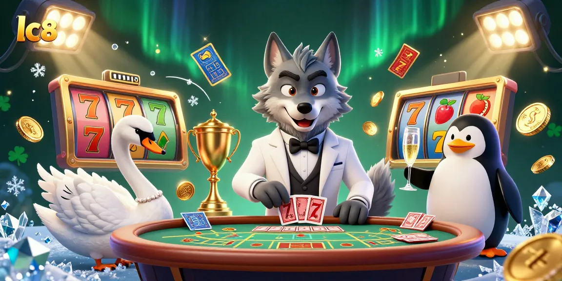 Experience excitement at lc88 with a debonair wolf, swan dealer, and penguin sommelier in a vibrant casino scene.