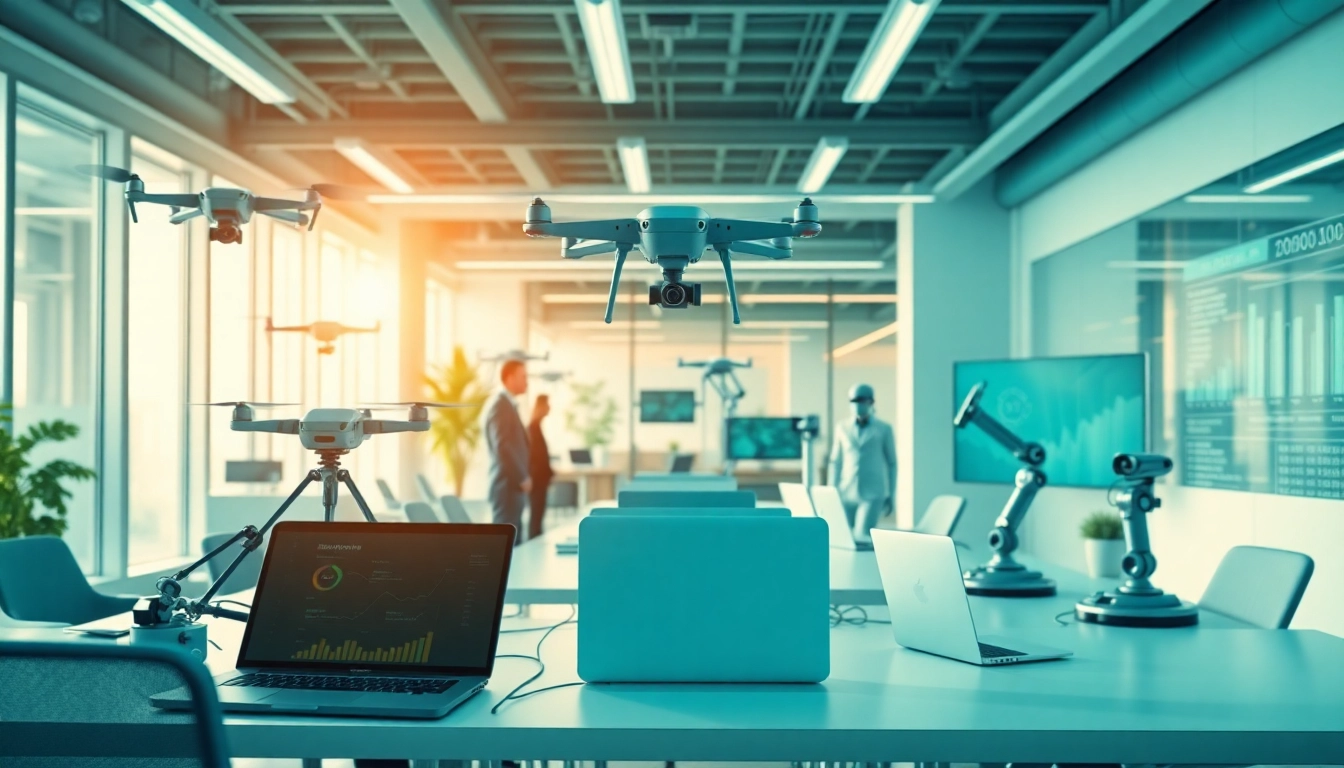Technik Innovation in a vibrant office with diverse technology devices and collaborative atmosphere.