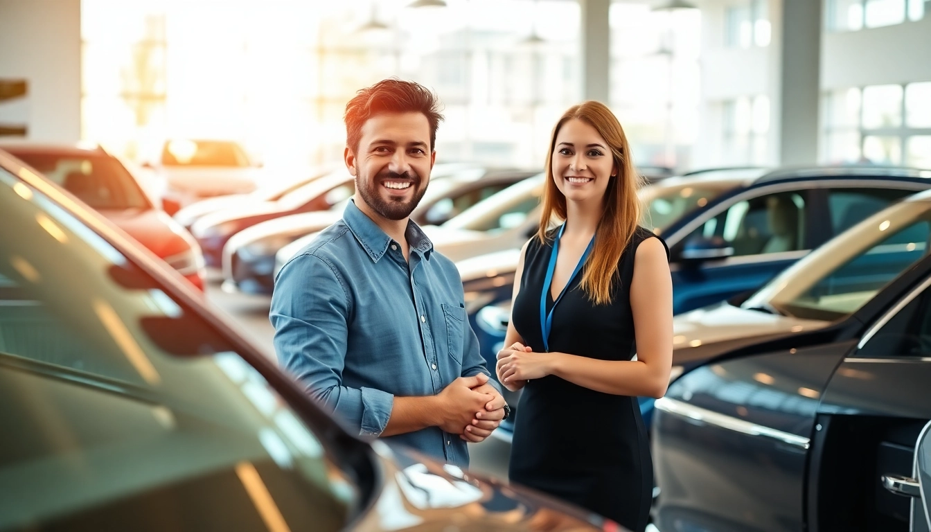 Auto kaufen: Kundeninteraktion mit einem freundlichen Verkaufsberater in einem modernen Autohaus