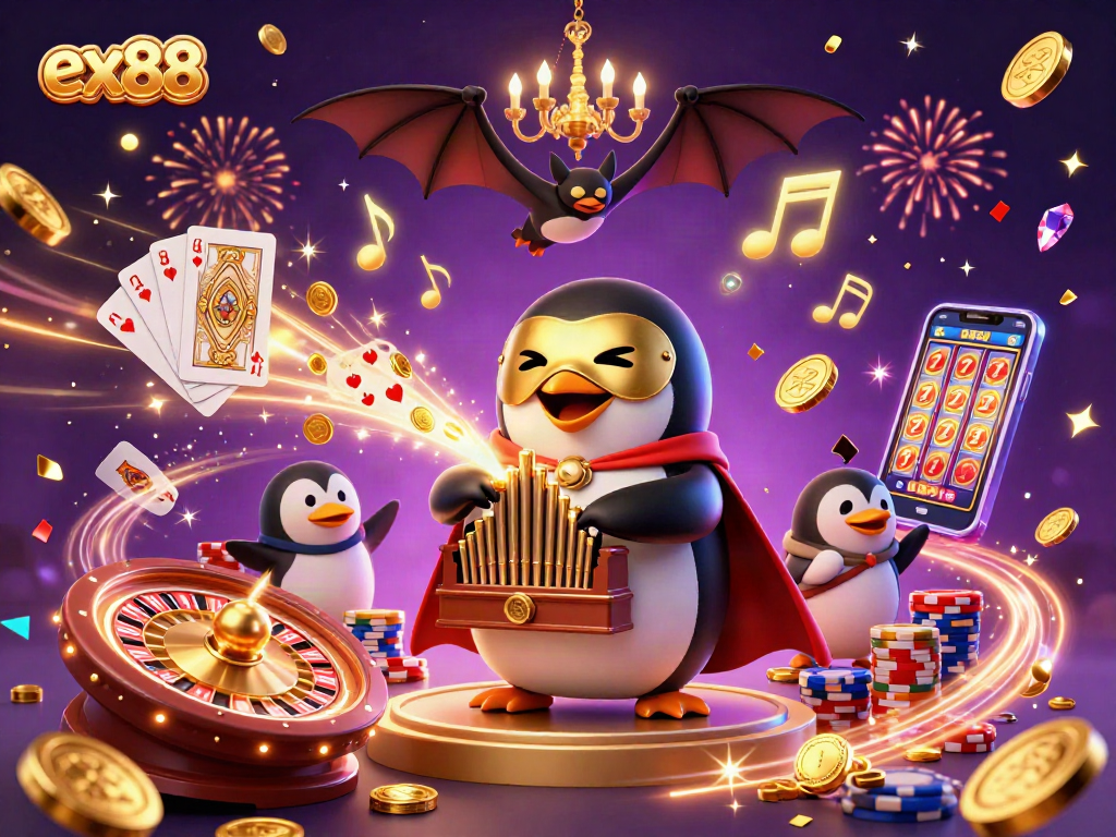 Spin to win at ex88 in a bustling casino scene featuring captivating 3D characters and golden elements.