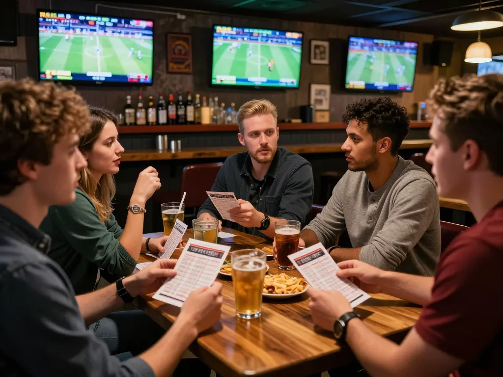 Kèo nhà cái analysis happening among friends during a sports betting night, showing excitement and engagement.