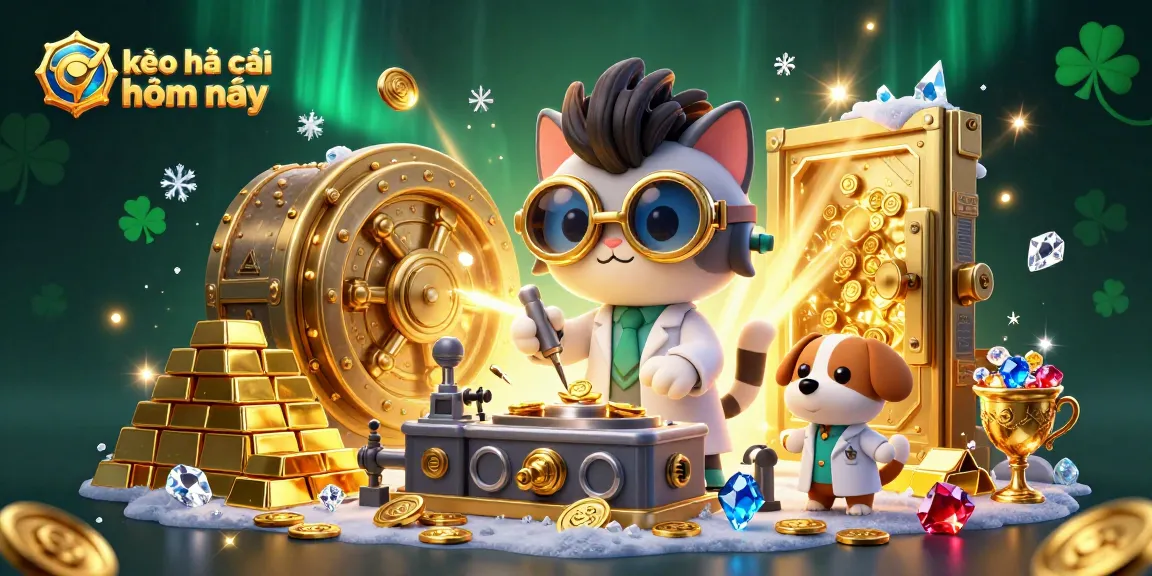 Engage with kèo nhà cái hôm nay in a vibrant scene of a mad scientist cat and loyal dog amidst dynamic gold treasures.