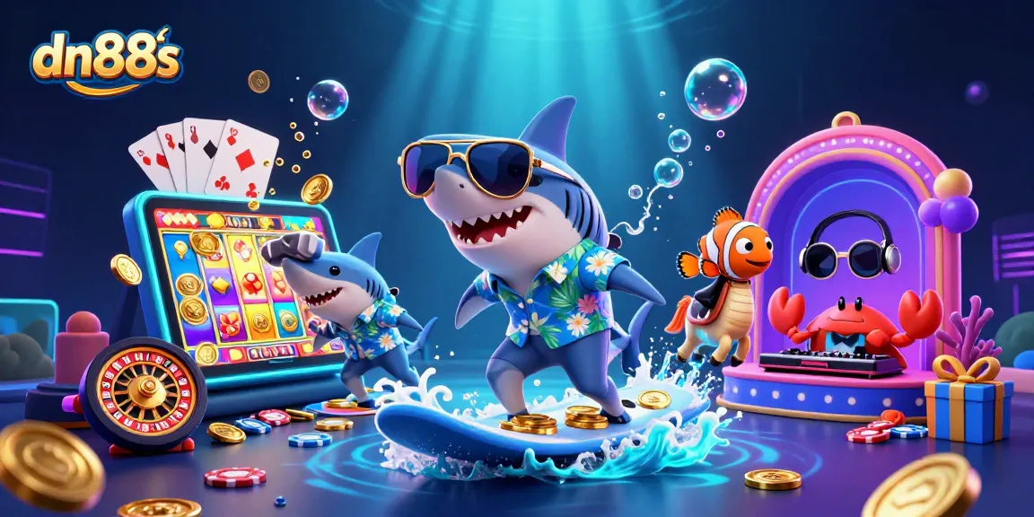 Engage in thrilling games at dn88s with a playful underwater scene featuring a shark and games
