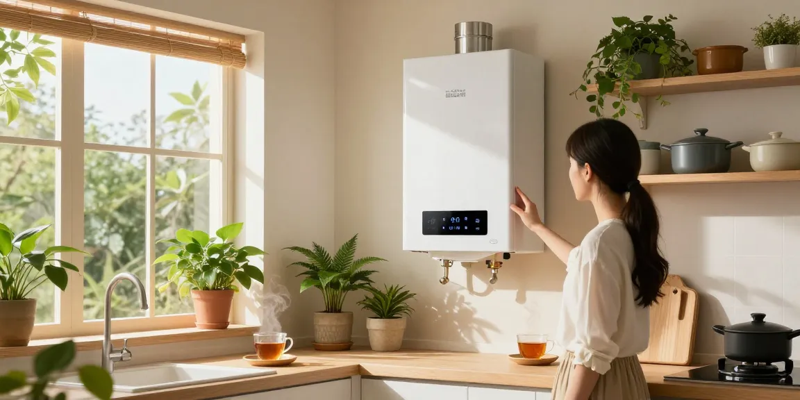 Der effiziente 80-Liter-Boiler, der nahtlos in eine moderne Küche integriert ist, hebt umweltfreundliche Heizlösungen und eine gemütliche Atmosphäre hervor.