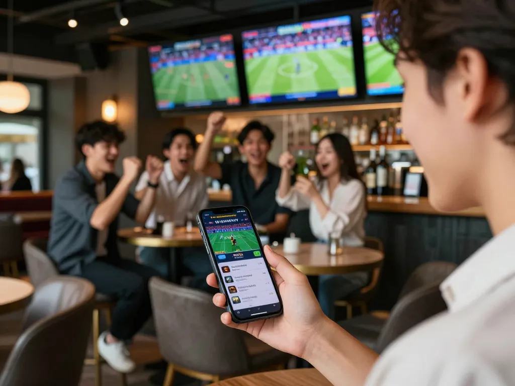 Excited sports bettor checking tỷ lệ kèo nhà cái hôm nay via a smartphone in a vibrant sports bar