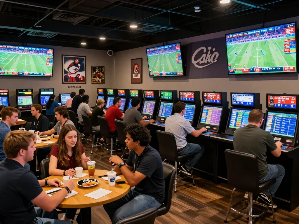 Bsport bettors engaging with touchscreen kiosks in a vibrant sportsbook, showcasing betting excitement.
