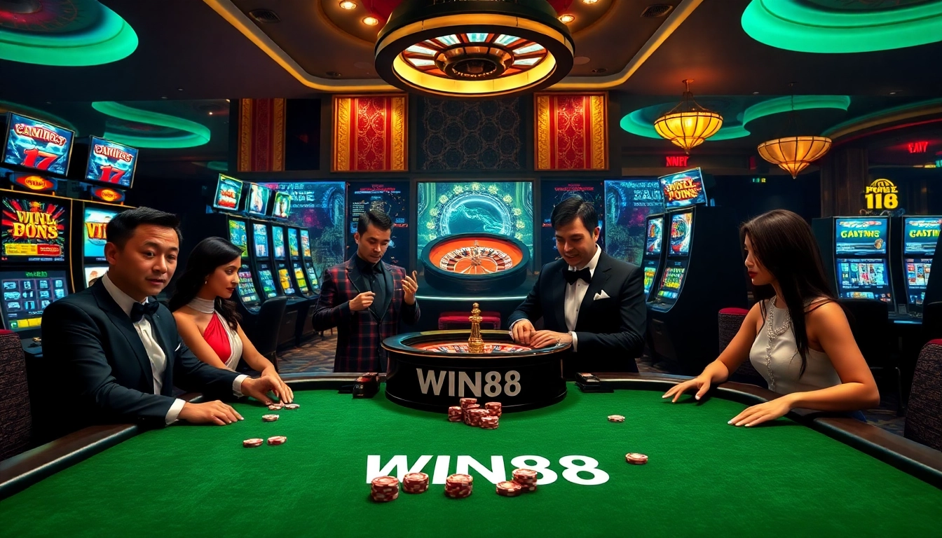 Exciting casino atmosphere at WIN88 featuring poker tables and vibrant slots.