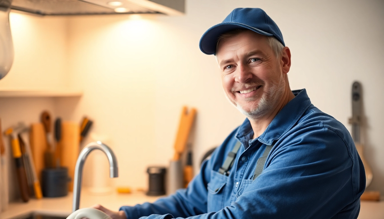 Installateur Notdienst: Ein freundlicher Installateur in einer modernen Küche zeigt seine Expertise bei der Installation eines Wasserhahns.