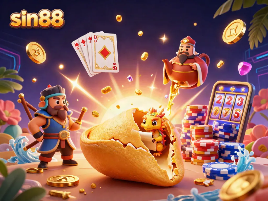 Experience thrilling action at sin88 with golden slot reels and festive decorations amidst animated treasures.