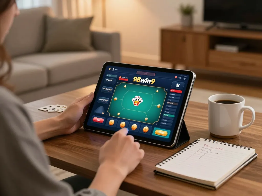 Engaging in strategic online poker on 98win9 in a cozy home setting.